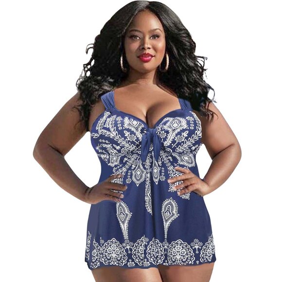 Paisley Print 2Pc Swimdress Women Plus Size 16-28 Navy Blue Wide Strap Swimsuit - Picture 7 of 9